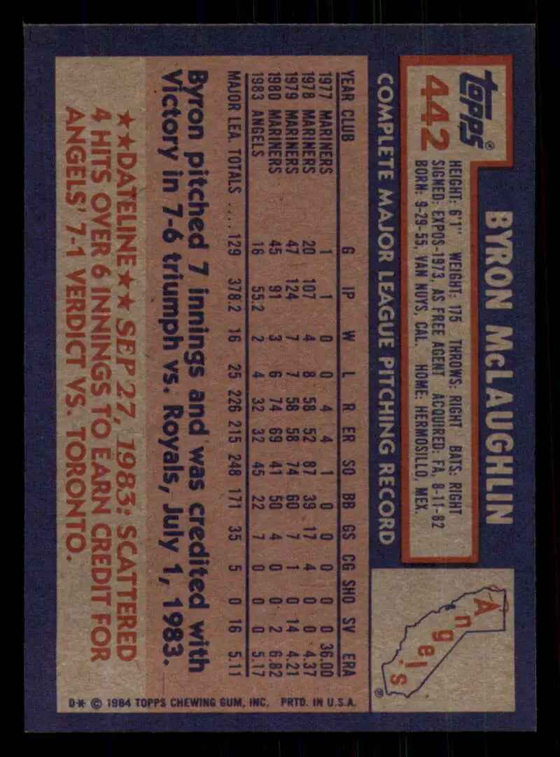 1984 Topps #442 Byron McLaughlin EX Excellent California Angels Baseball Card - Baseball Card Single