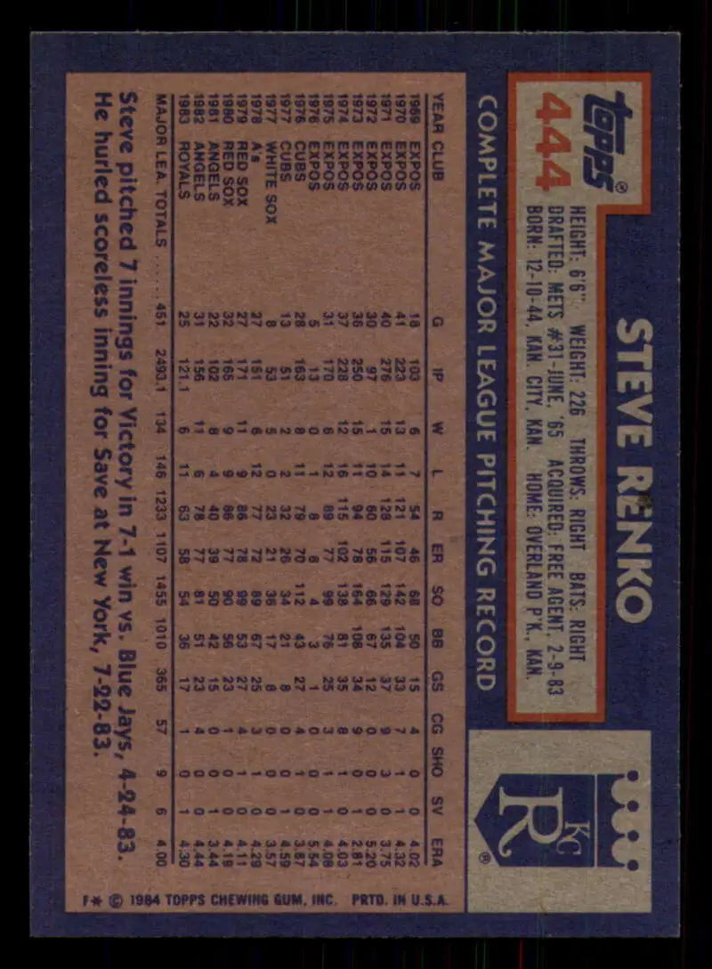 1984 Topps #444 Steve Renko EX Excellent Kansas City Royals Baseball Card - Baseball Card Single