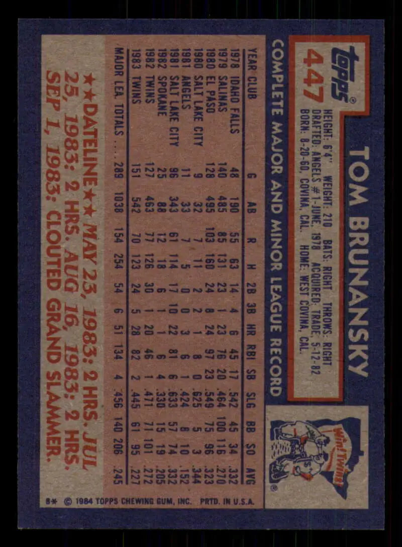 1984 Topps #447 Tom Brunansky EX Excellent Minnesota Twins Baseball Card - Baseball Card Single