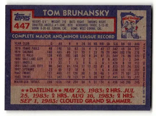 Original gloss Tom Brunansky Minnesota baseball card from 1984 Topps #447