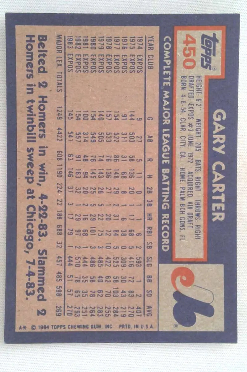 1984 Topps #450 Gary Carter EX Excellent Montreal Expos Baseball Card - Baseball Card Single