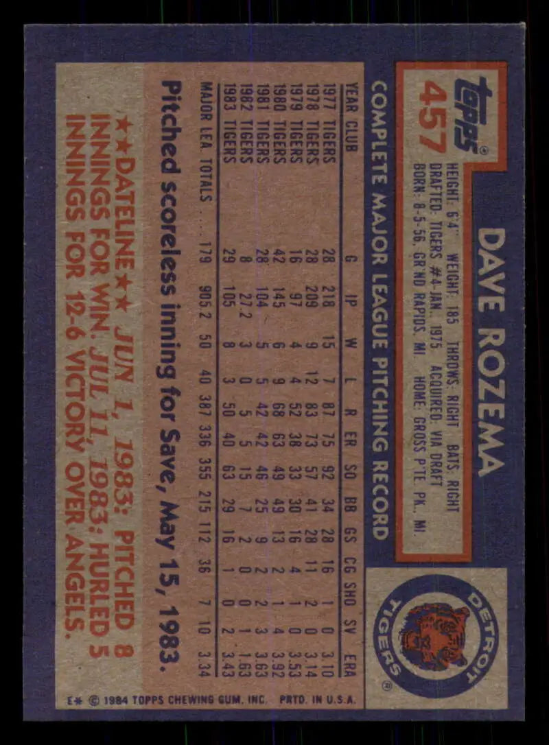 1984 Topps #457 Dave Rozema EX Excellent Detroit Tigers Baseball Card - Baseball Card Single