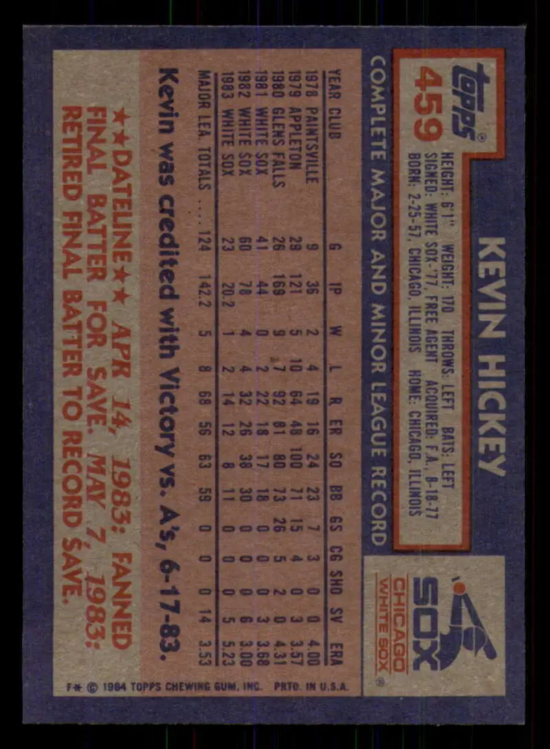 1984 Topps #459 Kevin Hickey EX Excellent Chicago White Sox Baseball Card - Baseball Card Single