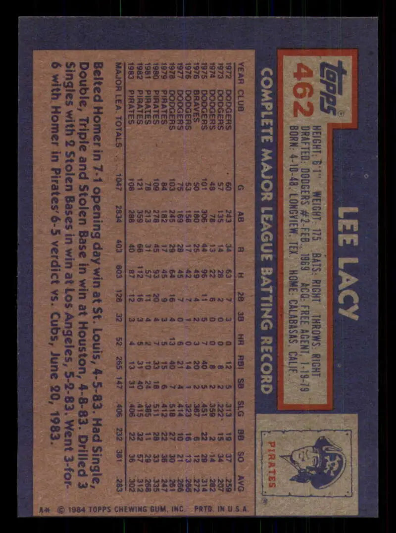 1984 Topps #462 Lee Lacy EX Excellent Pittsburgh Pirates Baseball Card - Baseball Card Single
