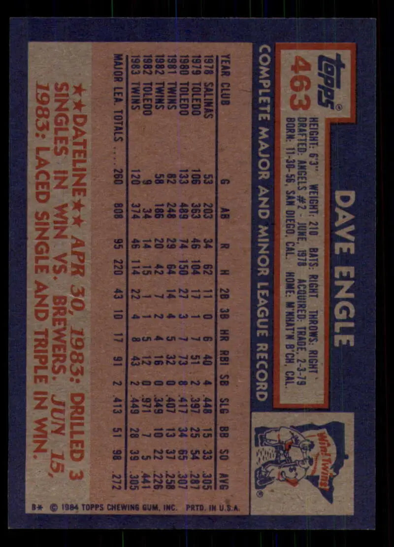1984 Topps #463 Dave Engle EX Excellent Minnesota Twins Baseball Card - Baseball Card Single
