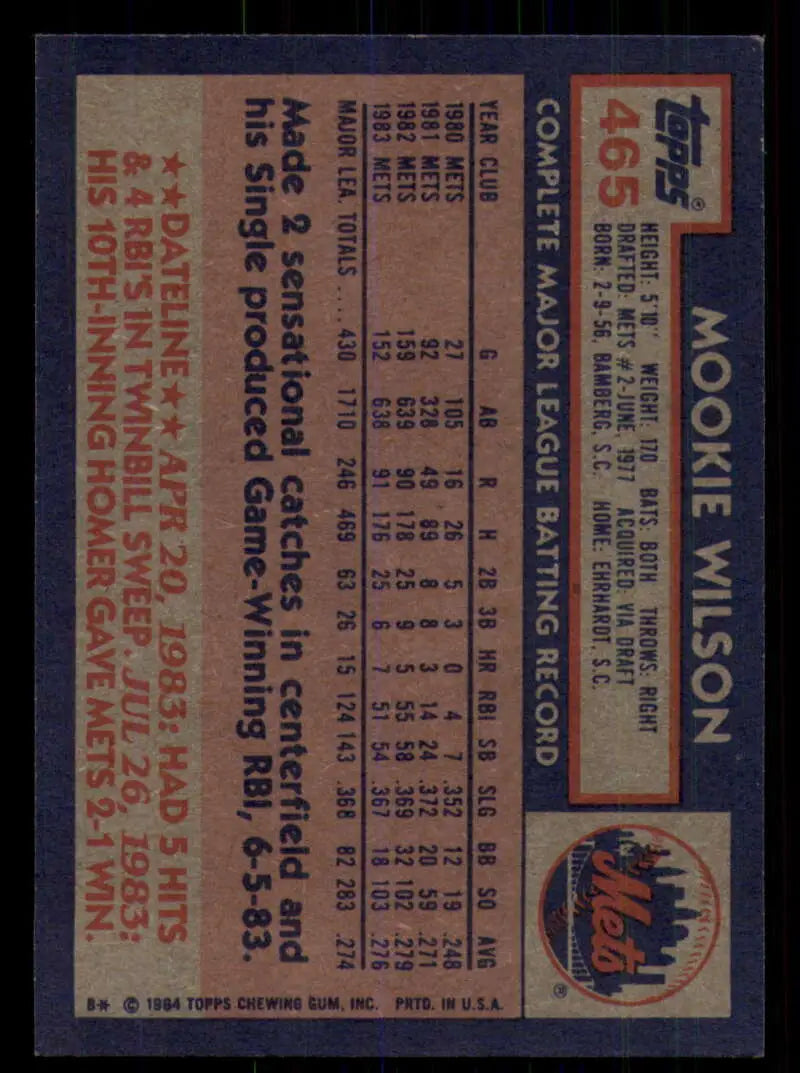 1984 Topps #465 Mookie Wilson EX Excellent New York Mets Baseball Card - Baseball Card Single