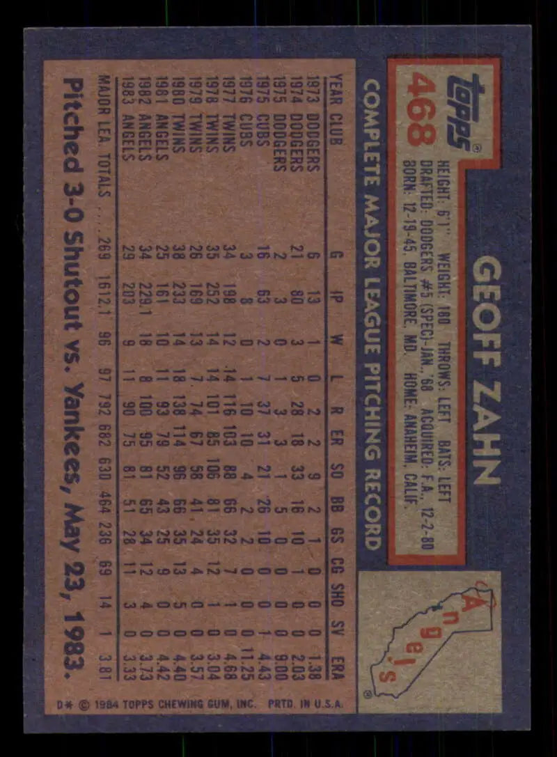 1984 Topps #468 Geoff Zahn EX Excellent California Angels Baseball Card - Baseball Card Single