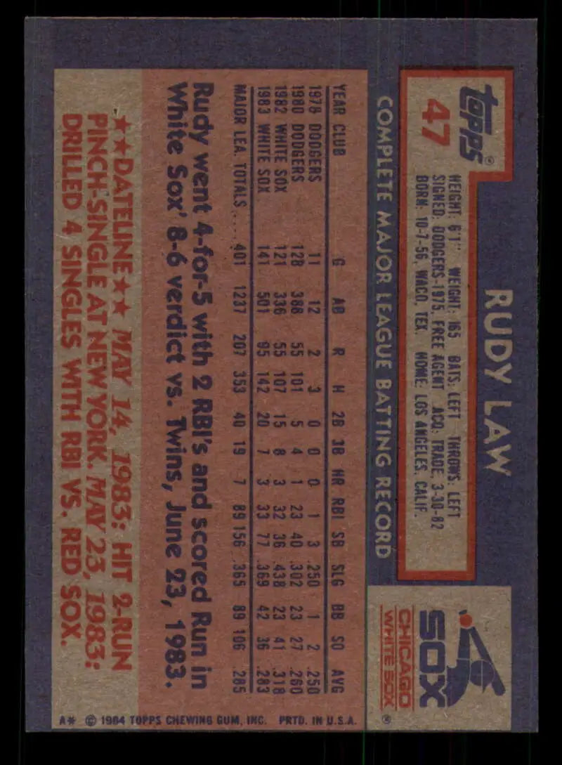 1984 Topps #47 Rudy Law EX Excellent Chicago White Sox Baseball Card - Baseball Card Single