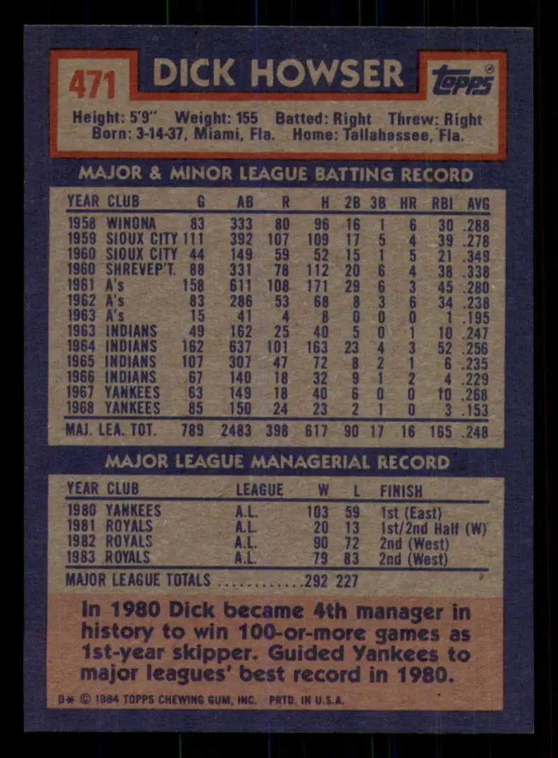 1984 Topps #471 Dick Howser EX Excellent Kansas City Royals Baseball Card - Baseball Card Single
