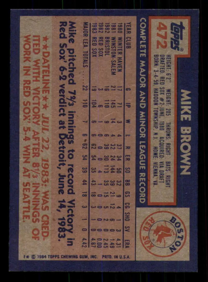 1984 Topps #472 Mike Brown EX Excellent RC Rookie Boston Red Sox Baseball Card - Baseball Card Single