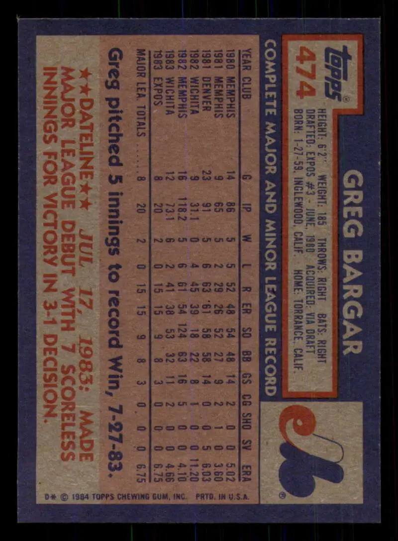 1984 Topps #474 Greg Bargar EX Excellent RC Rookie Montreal Expos Baseball Card - Baseball Card Single