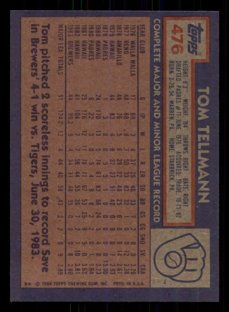 1984 Topps #476 Tom Tellmann EX Excellent Milwaukee Brewers Baseball Card - Baseball Card Single