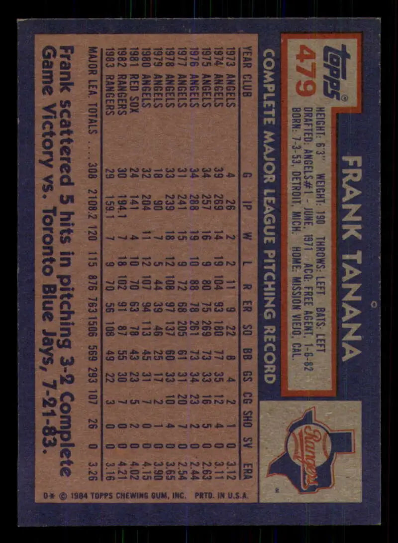 1984 Topps #479 Frank Tanana EX Excellent Texas Rangers Baseball Card - Baseball Card Single