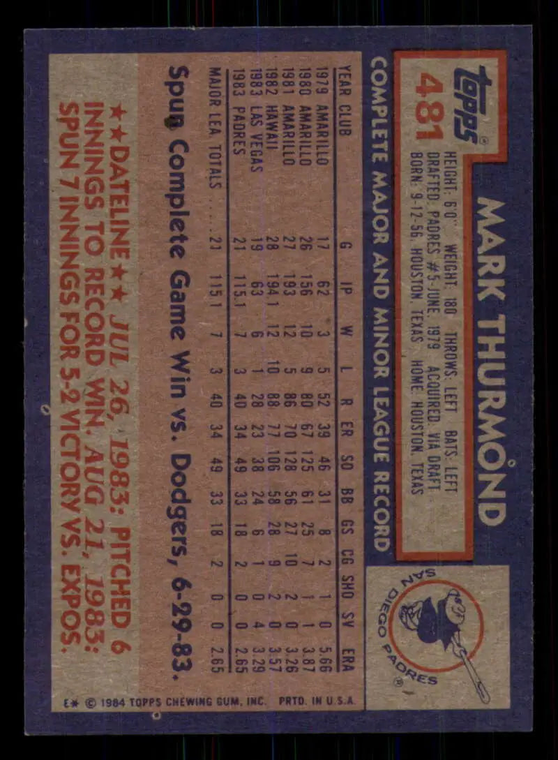 1984 Topps #481 Mark Thurmond EX Excellent San Diego Padres Baseball Card - Baseball Card Single
