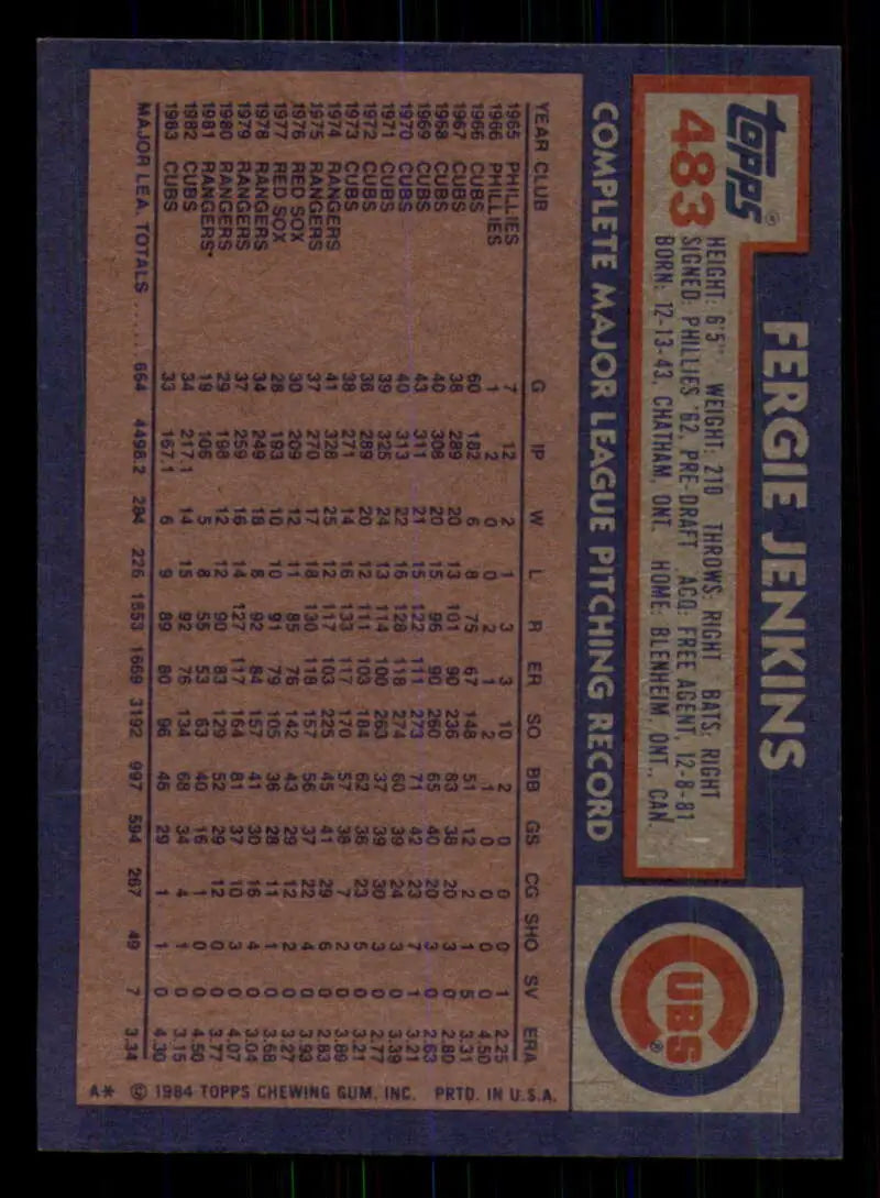 1984 Topps #483 Fergie Jenkins EX Excellent Chicago Cubs Baseball Card - Baseball Card Single