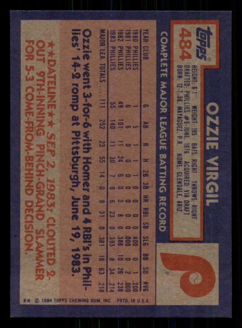1984 Topps #484 Ozzie Virgil EX Excellent Philadelphia Phillies Baseball Card - Baseball Card Single