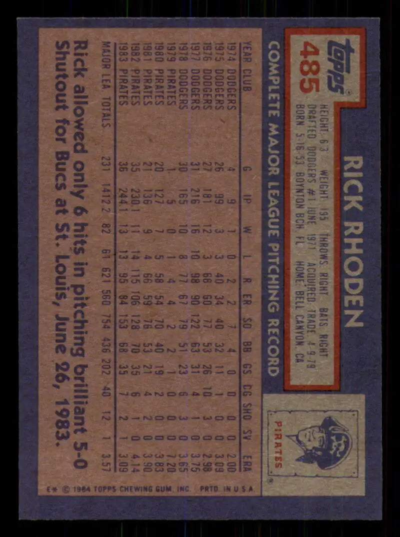 1984 Topps #485 Rick Rhoden EX Excellent Pittsburgh Pirates Baseball Card - Baseball Card Single