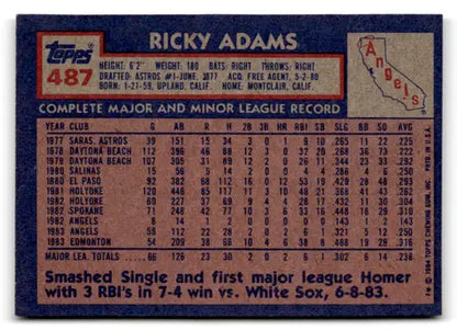 1984 Topps Ricky Adams rookie Angels baseball card back with original gloss ID 77360