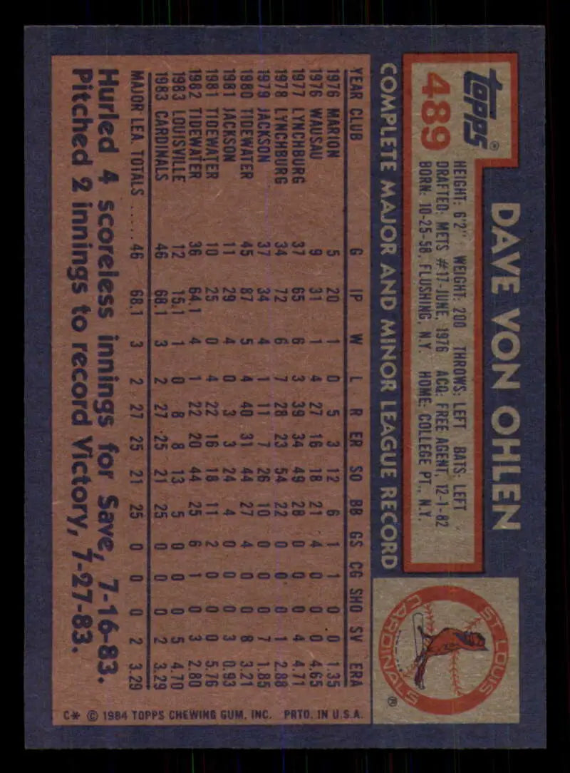 1984 Topps #489 Dave Von Ohlen EX Excellent St. Louis Cardinals Baseball Card - Baseball Card Single