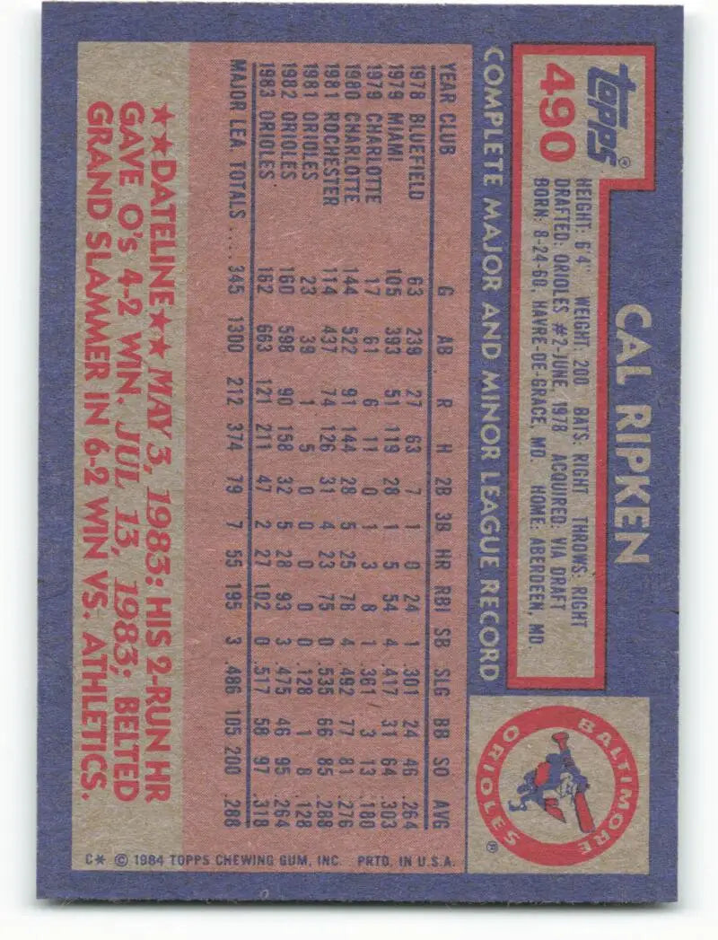 1984 Topps #490 Cal Ripken Jr. EX Excellent Baltimore Orioles Baseball Card - Baseball Card Single