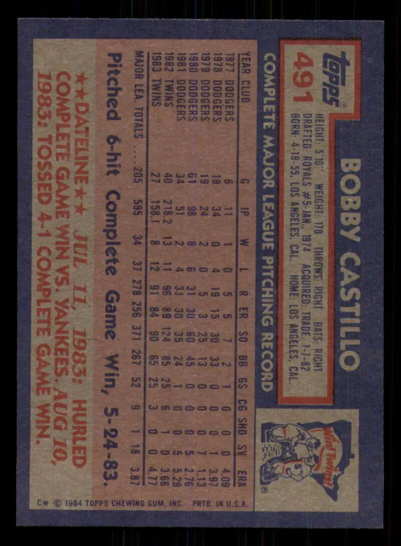 1984 Topps #491 Bobby Castillo EX Excellent Minnesota Twins Baseball Card - Baseball Card Single
