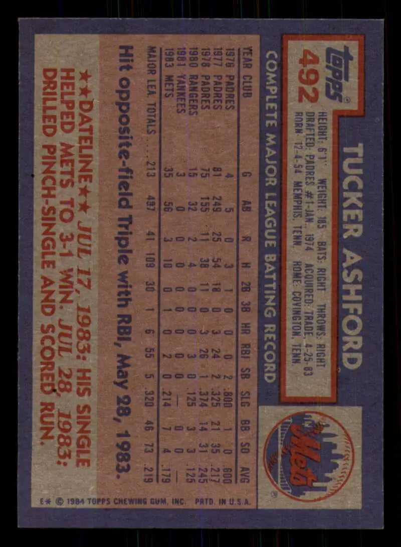 1984 Topps #492 Tucker Ashford EX Excellent New York Mets Baseball Card - Baseball Card Single