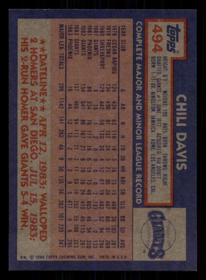 1984 Topps #494 Chili Davis EX Excellent San Francisco Giants Baseball Card - Baseball Card Single