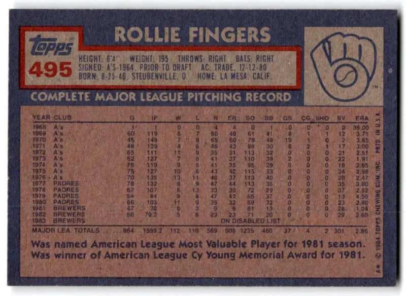 1984 Topps #495 Rollie Fingers EX Excellent Milwaukee Brewers Baseball Card - Baseball Card Single
