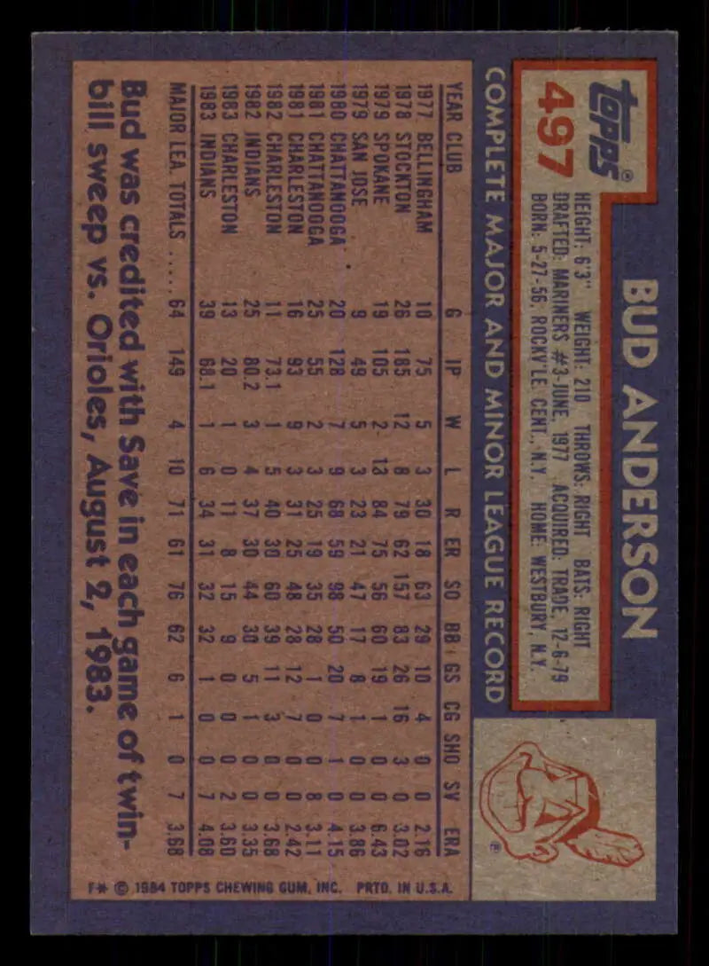 1984 Topps #497 Bud Anderson EX Excellent Cleveland Indians Baseball Card - Baseball Card Single