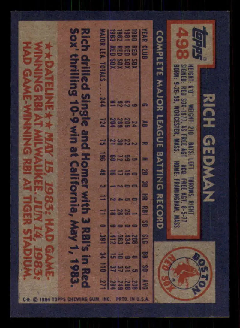 1984 Topps #498 Rich Gedman EX Excellent Boston Red Sox Baseball Card - Baseball Card Single