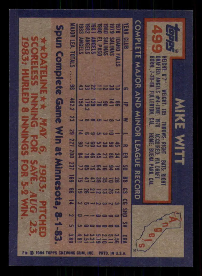 1984 Topps #499 Mike Witt EX Excellent California Angels Baseball Card - Baseball Card Single
