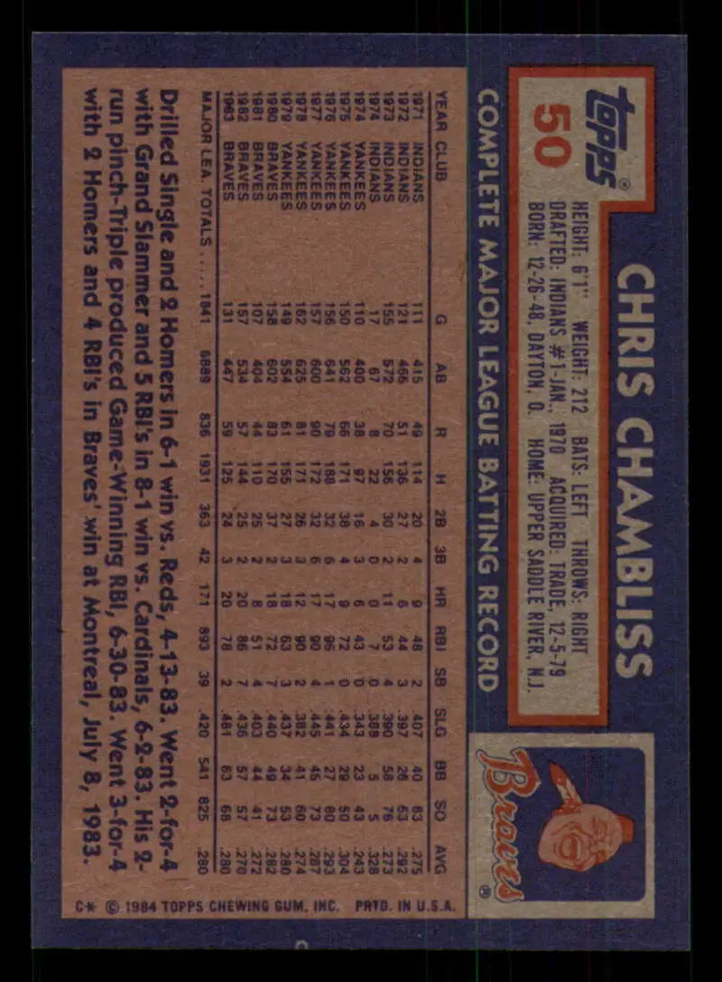 1984 Topps #50 Chris Chambliss EX Excellent Atlanta Braves Baseball Card - Baseball Card Single