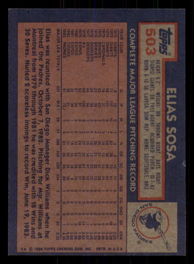 1984 Topps #503 Elias Sosa EX Excellent San Diego Padres Baseball Card - Baseball Card Single
