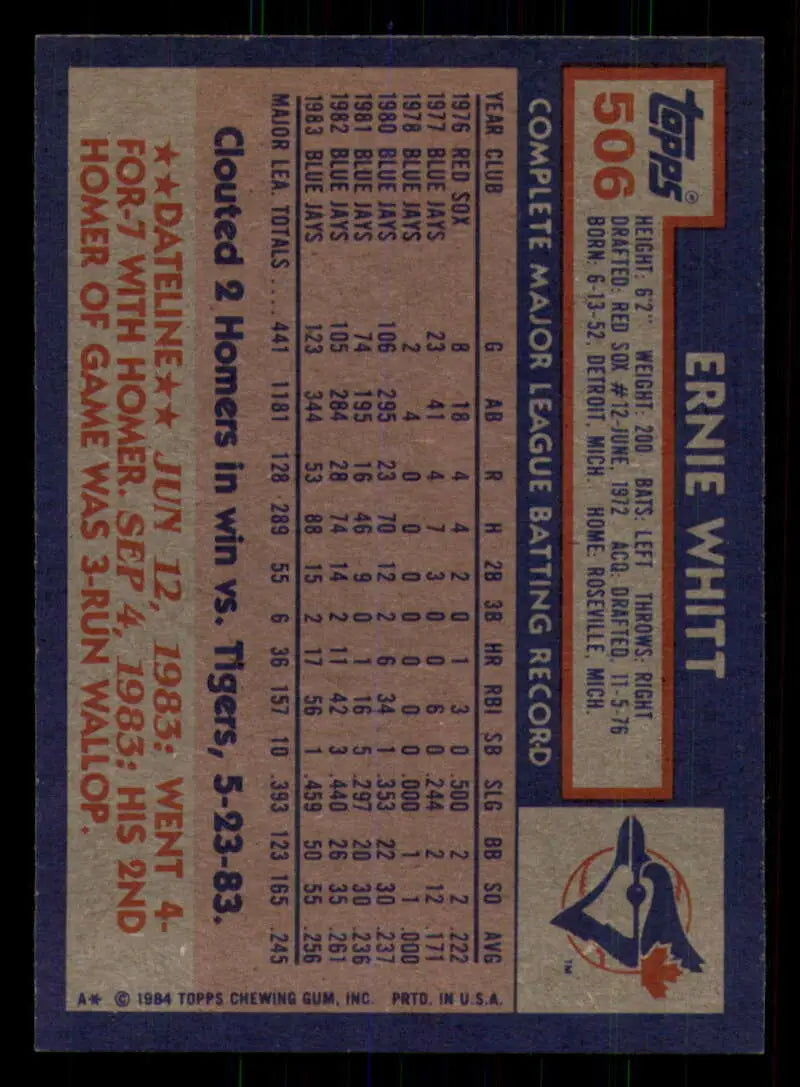 1984 Topps #506 Ernie Whitt EX Excellent Toronto Blue Jays Baseball Card - Baseball Card Single