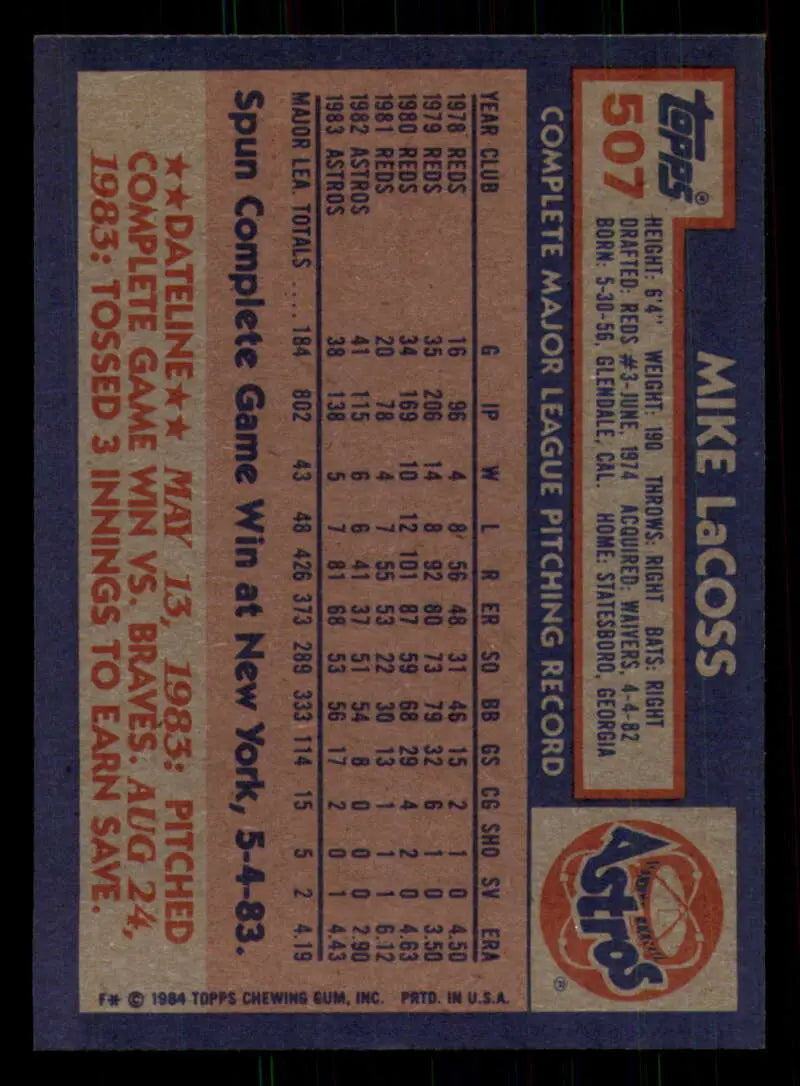 1984 Topps #507 Mike LaCoss EX Excellent Houston Astros Baseball Card - Baseball Card Single