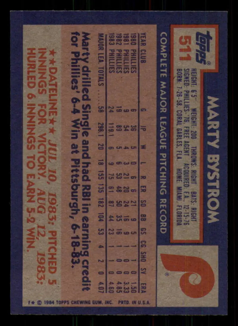 1984 Topps #511 Marty Bystrom EX Excellent Philadelphia Phillies Baseball Card - Baseball Card Single