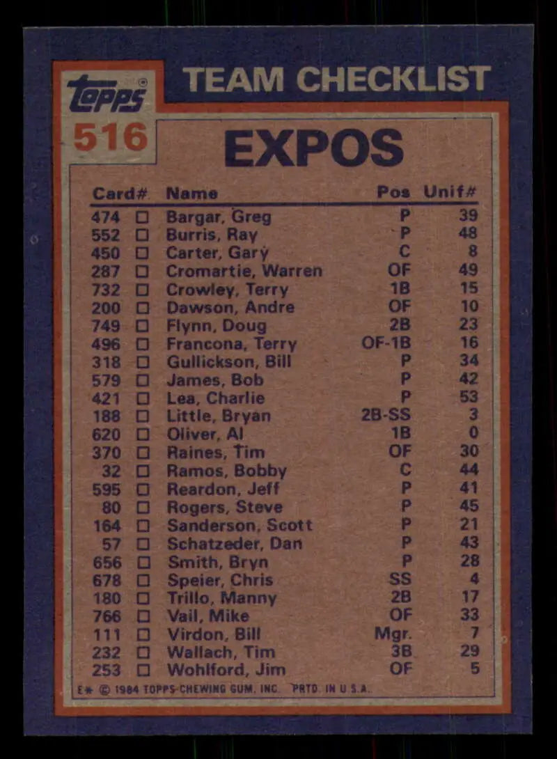 1984 Topps #516 Al Oliver/Charlie Lea EX Excellent Montreal Expos Baseball Card - Baseball Card Single