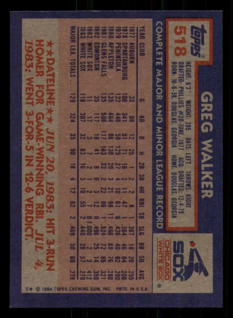 1984 Topps #518 Greg Walker EX Excellent Chicago White Sox Baseball Card - Baseball Card Single