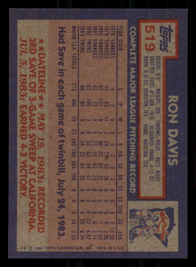 1984 Topps #519 Ron Davis EX Excellent Minnesota Twins Baseball Card - Baseball Card Single