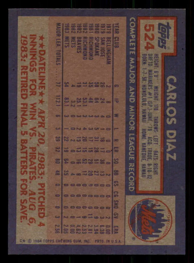 1984 Topps #524 Carlos Diaz EX Excellent New York Mets Baseball Card - Baseball Card Single