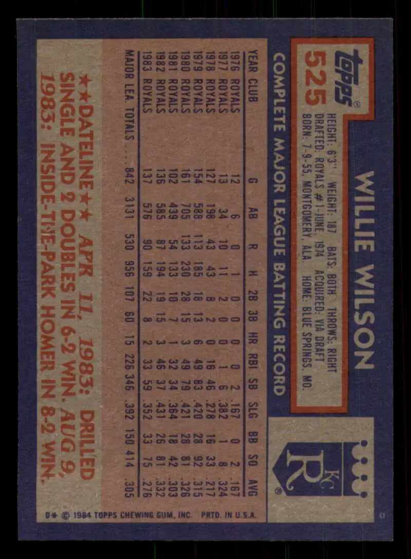 1984 Topps #525 Willie Wilson EX Excellent Kansas City Royals Baseball Card - Baseball Card Single