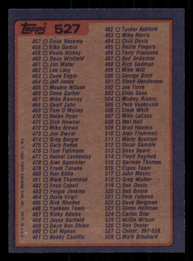1984 Topps #527 Checklist 397-528 EX Excellent Baseball Card - Baseball Card Single