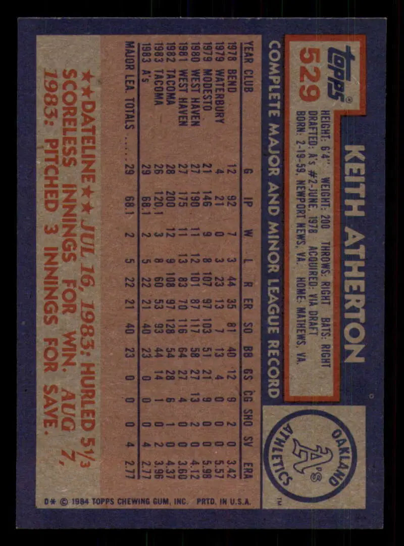 1984 Topps #529 Keith Atherton EX Excellent RC Rookie Oakland Athletics Baseball Card - Baseball Card Single