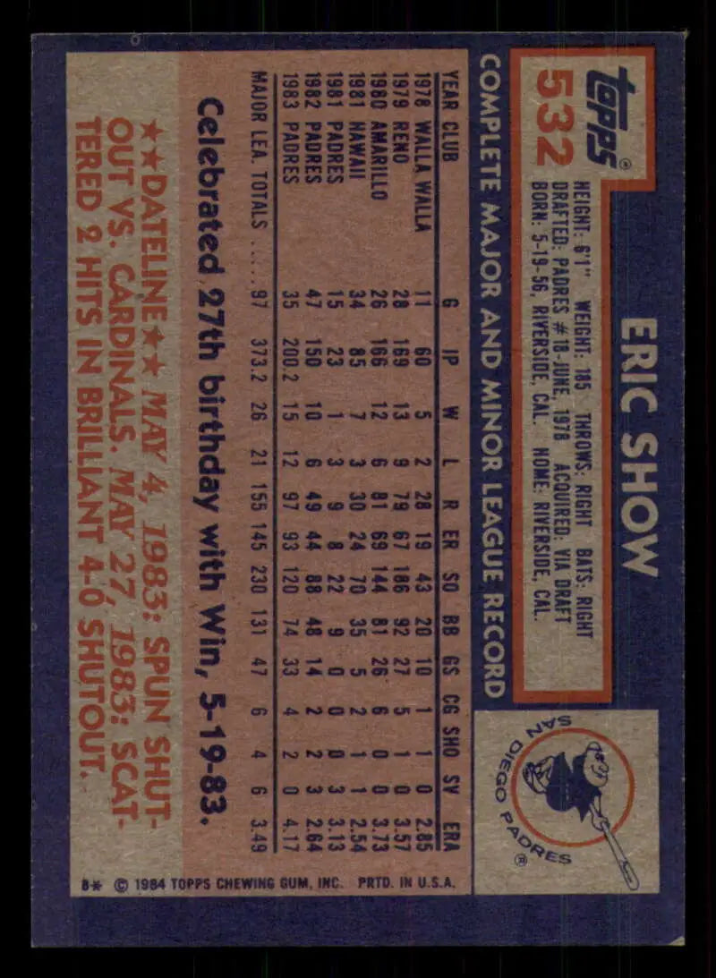 1984 Topps #532 Eric Show EX Excellent San Diego Padres Baseball Card - Baseball Card Single