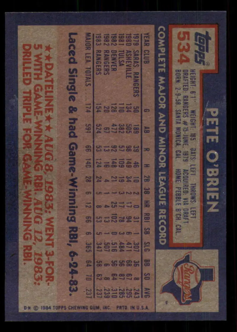 1984 Topps #534 Pete O’Brien EX Excellent RC Rookie Texas Rangers Baseball Card - Baseball Card Single