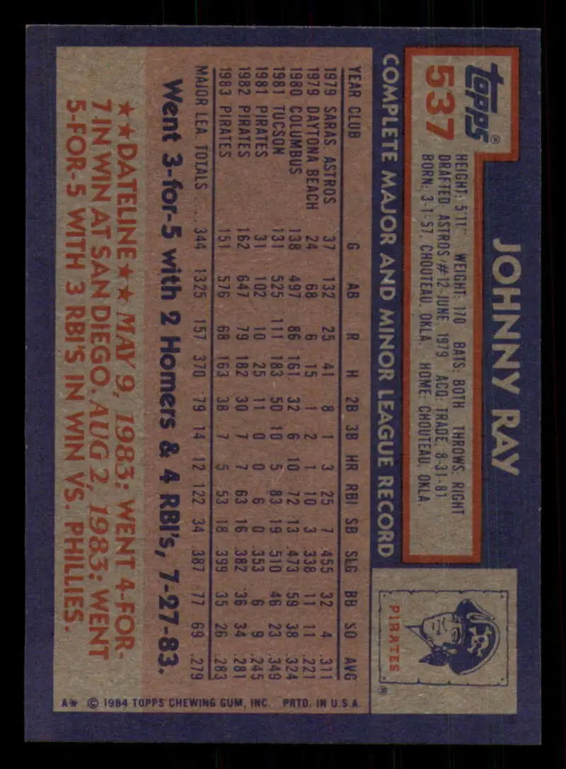 1984 Topps #537 Johnny Ray EX Excellent Pittsburgh Pirates Baseball Card - Baseball Card Single