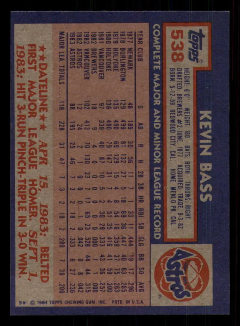 1984 Topps #538 Kevin Bass EX Excellent Houston Astros Baseball Card - Baseball Card Single