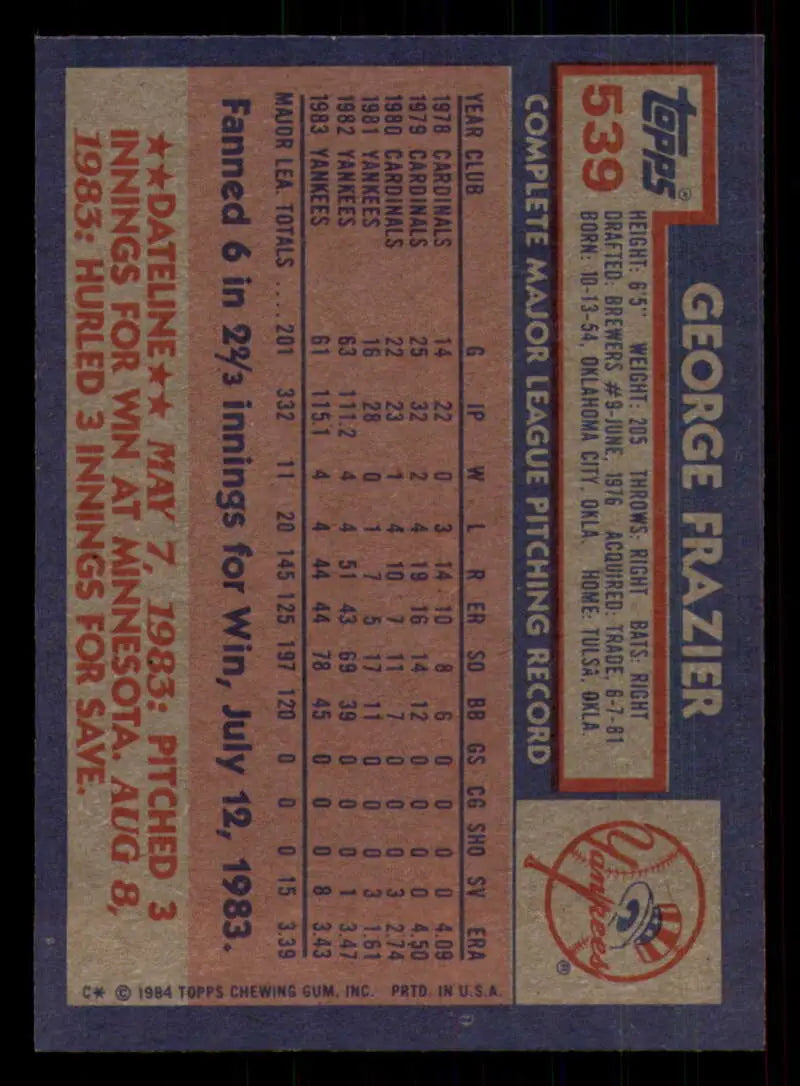 1984 Topps #539 George Frazier EX Excellent New York Yankees Baseball Card - Baseball Card Single
