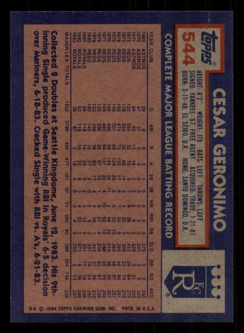 1984 Topps #544 Cesar Geronimo EX Excellent Kansas City Royals Baseball Card - Baseball Card Single