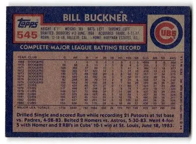 1984 Topps #545 Bill Buckner - Baseball Card Single